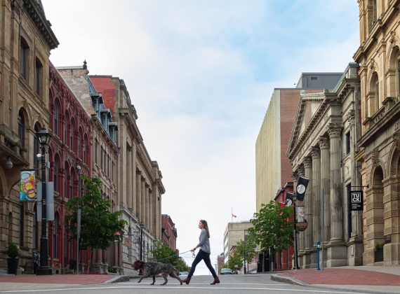 Woman walking dog across street