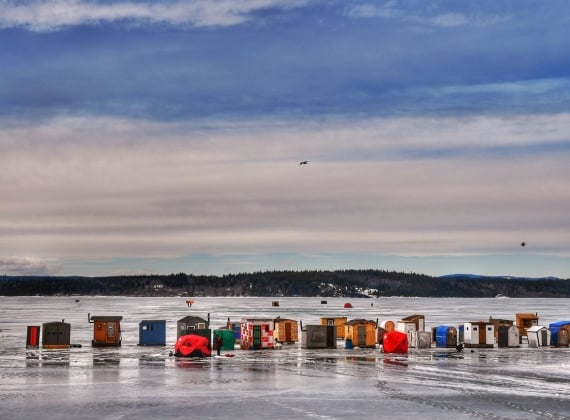 A group of ice fishing huts on a frozen body of water on a calm day, a few more huts visible in the background.